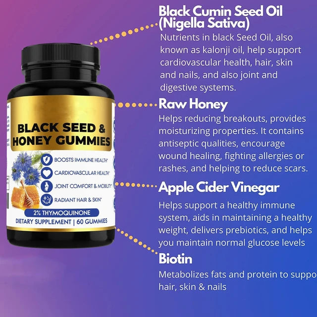 Black Seed Oil & Honey Gummies - 60 Count Immune Support with 2% Thymoquinone Bwetinde B Enterprises