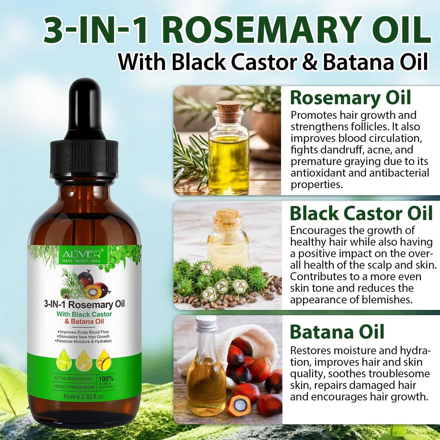 3-in-1 Hair Growth Oil 60ml - Batana, Rosemary & Black Castor Oil Bwetinde B Enterprises