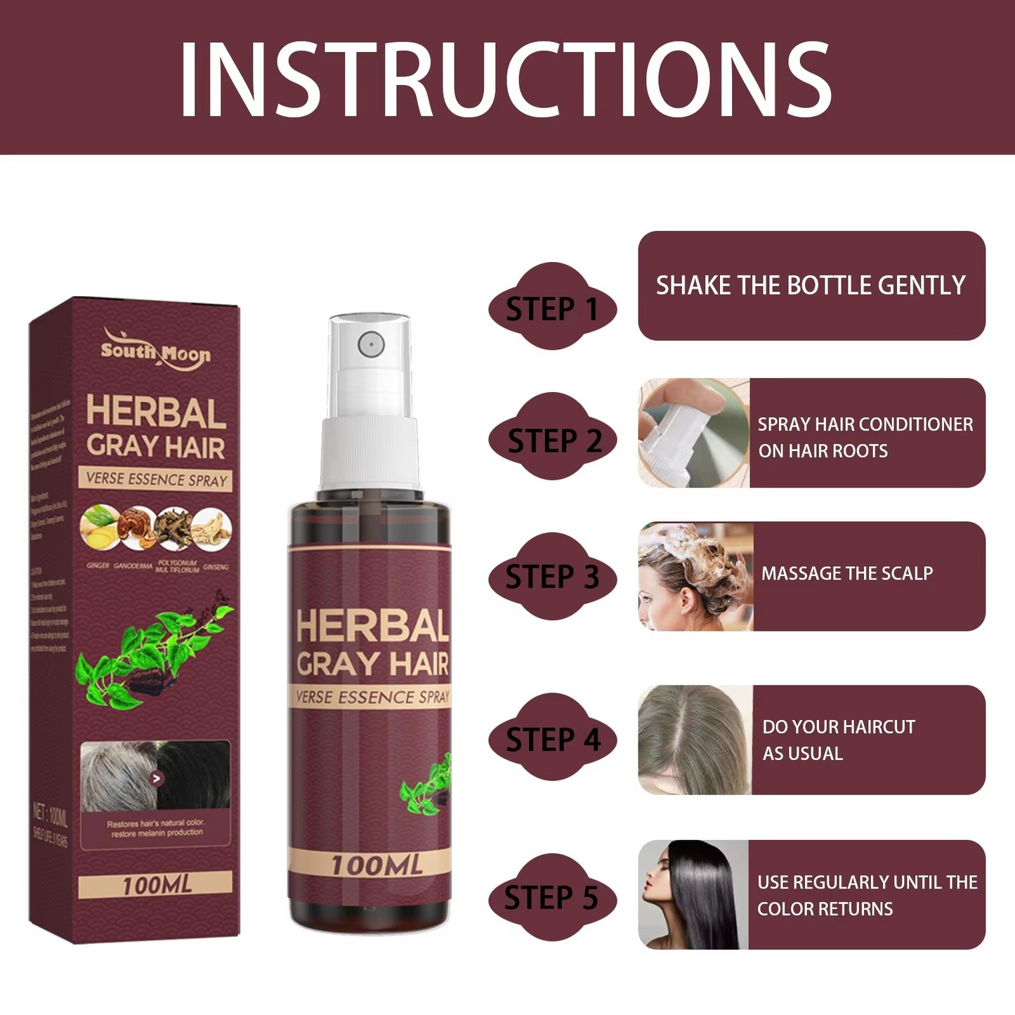 Gray Hair Reverse Spray - Herbal Hair Darkening Essence 4 Week Treatment