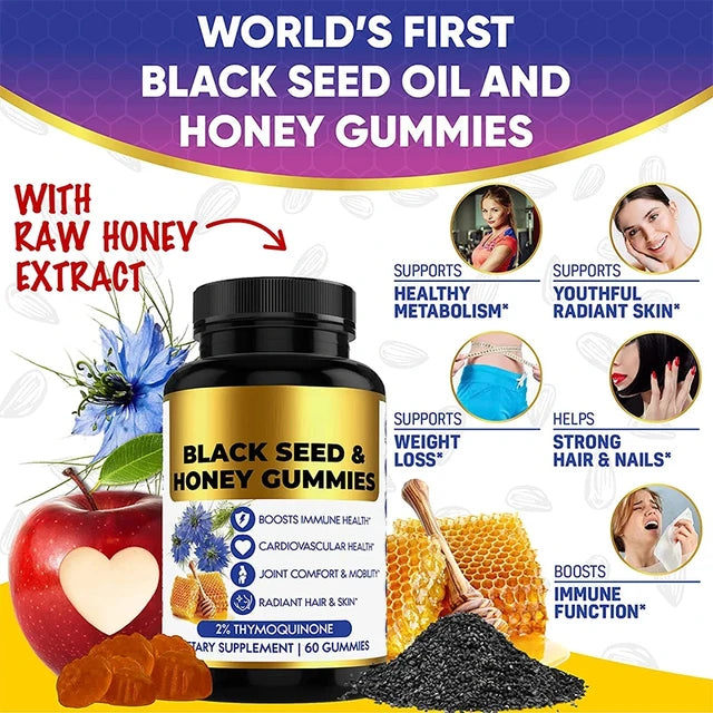 Black Seed Oil & Honey Gummies - 60 Count Immune Support with 2% Thymoquinone Bwetinde B Enterprises
