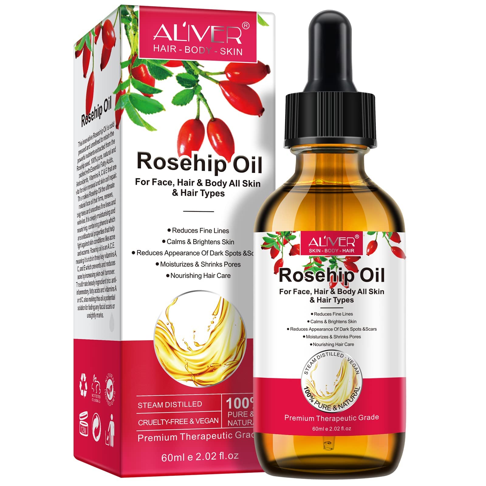 Aliver Organic Rosehip Oil - Cold Pressed for Face, Hair & Nails
