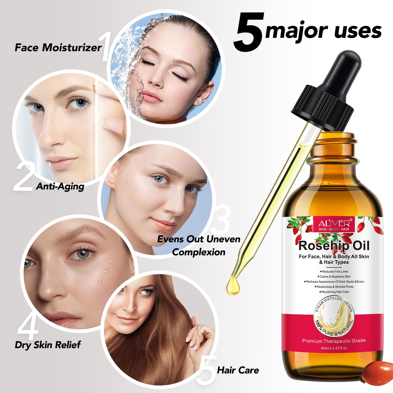Aliver Organic Rosehip Oil - Cold Pressed for Face, Hair & Nails