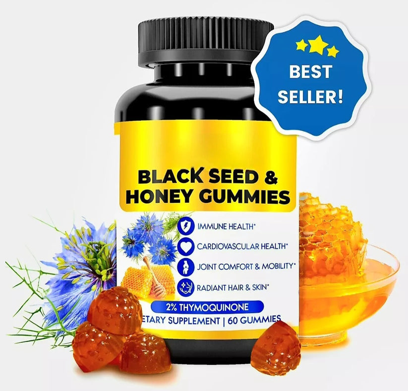 BLACK SEED OIL & HONEY GUMMIES W/ 2%+ THYMOQUINONE | Nigella Sativa Seeds| Super antioxidant for Immune Support, Joints, Digestion, Hair & Skin | 60 Gummies