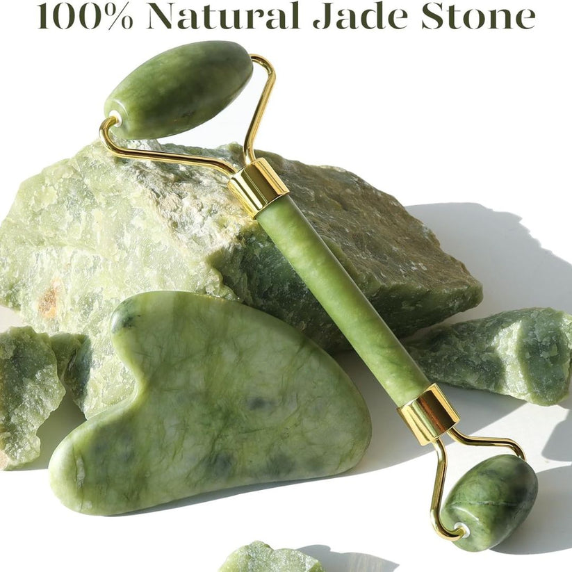 Jade Facial Roller & Gua Sha Set - Face Massager for Anti-Aging