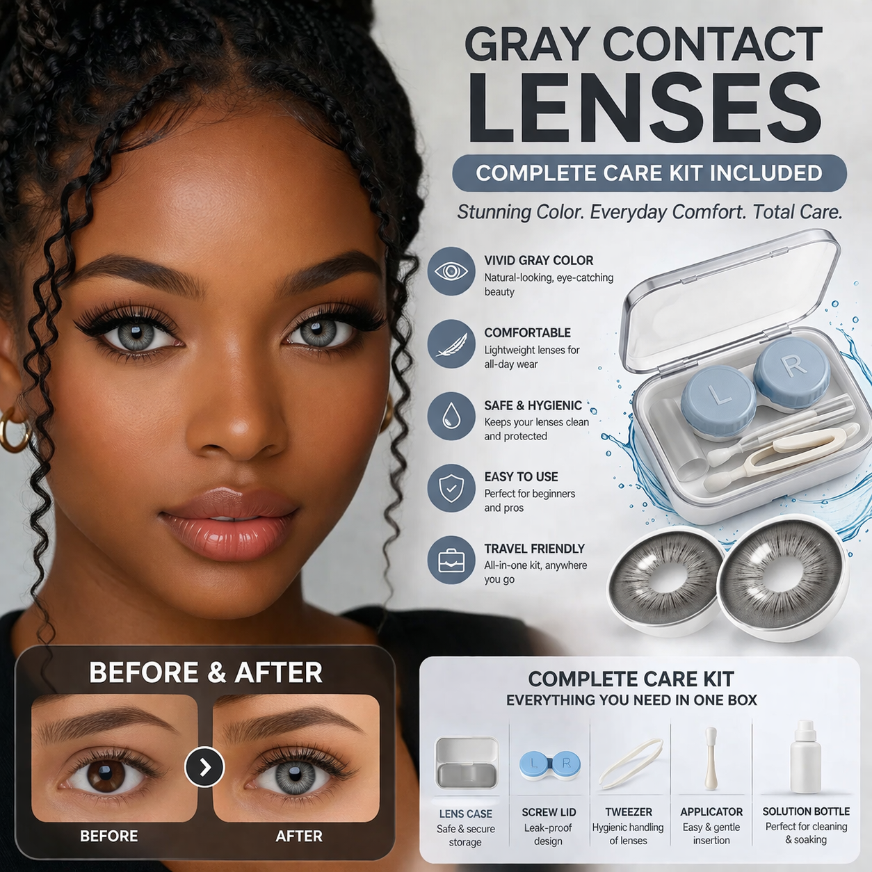 Gray Contact Lenses with Complete Care Kit – Natural Look
