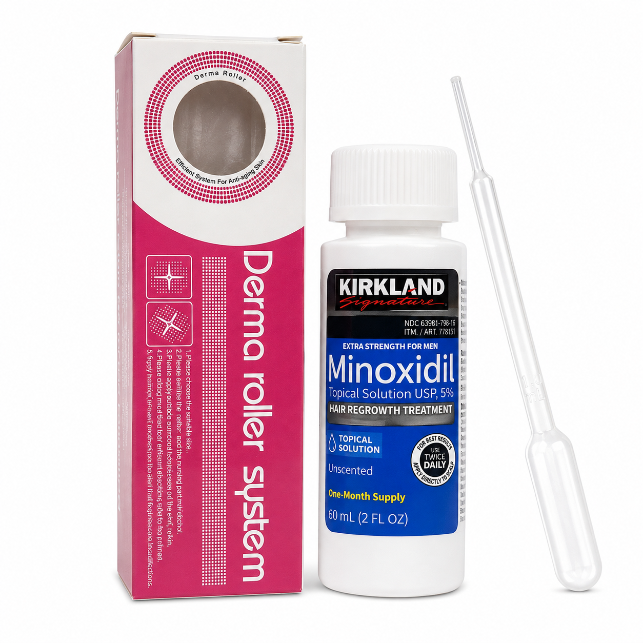 Kirkland Minoxidil 5% 60ml + Derma Roller Hair & Beard Care Kit