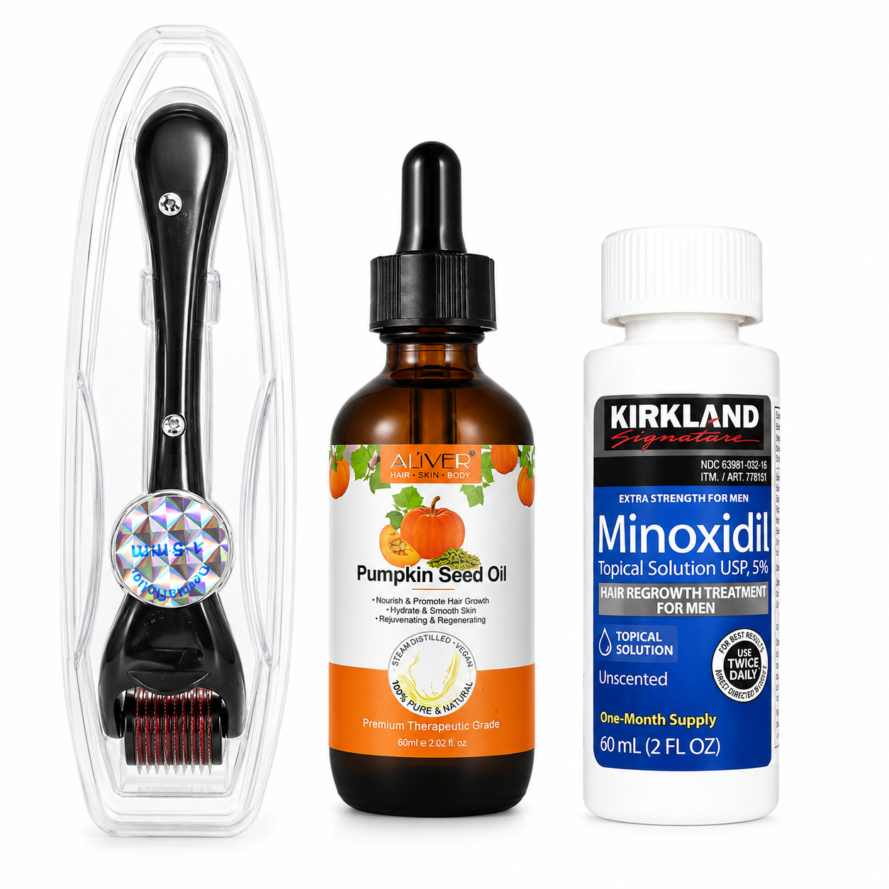 Hair Growth Package – Minoxidil 5%, Pumpkin Seed Oil & Derma Roller Uganda