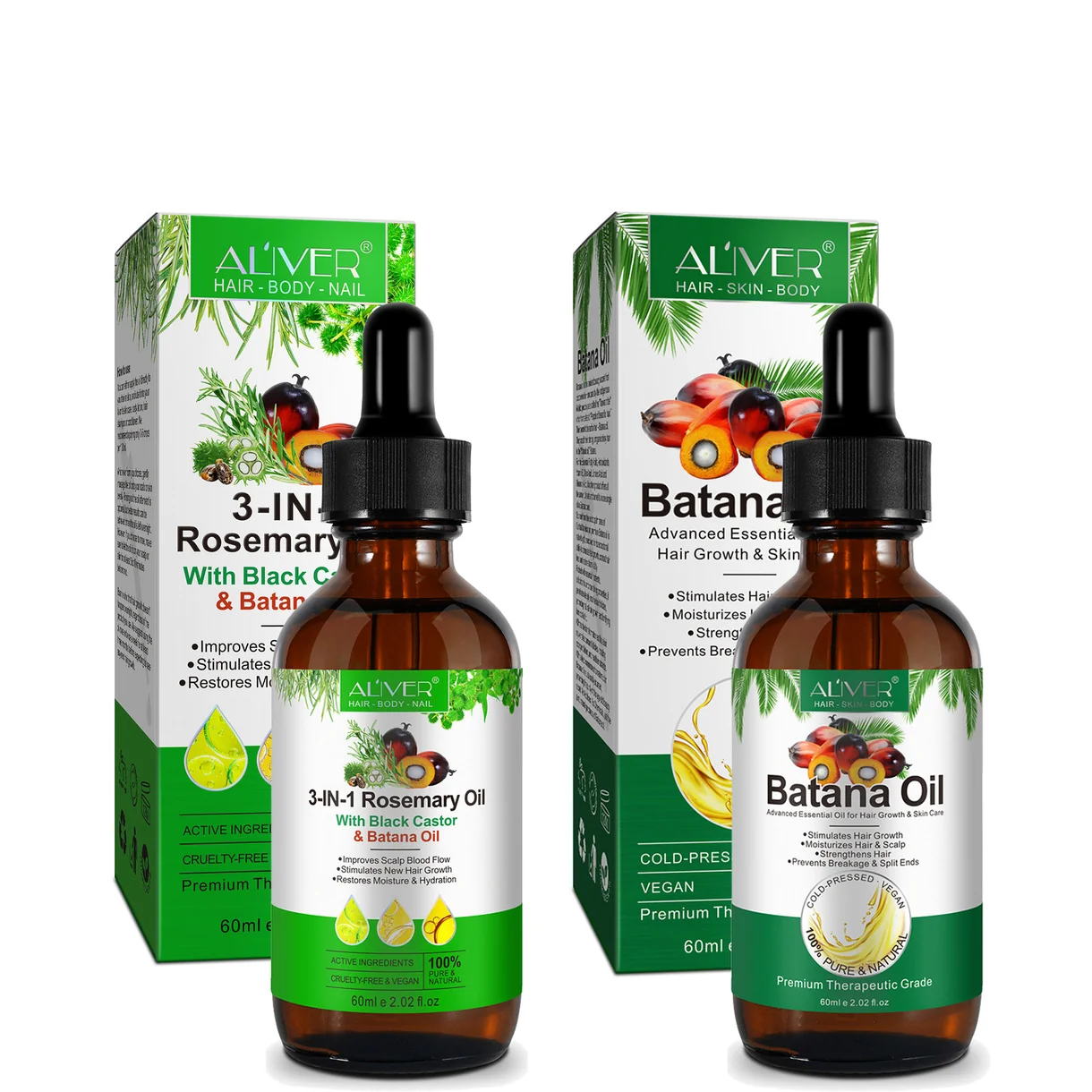 ALIVER Batana Oil 60ml + 3in1 Hair Growth Oil 60ml (Rosemary & Black Castor & Batana