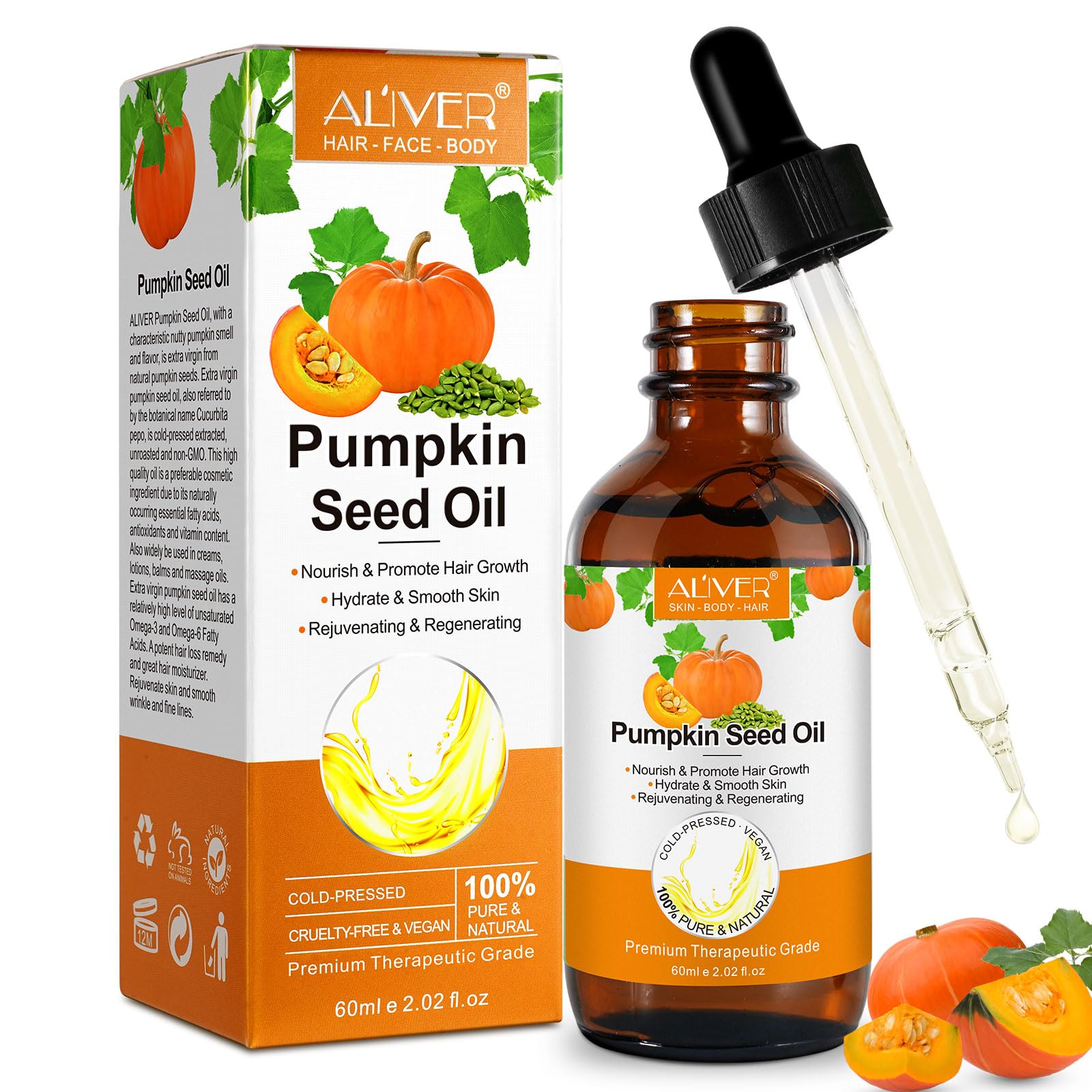 ALIVER Pumpkin Seed Oil 60ml – 100% Pure Organic Cold Pressed Oil for Hair Growth, Dry & Damaged Hair, Eyebrows, Eyelashes, Scalp, Face, Nails & Body Care