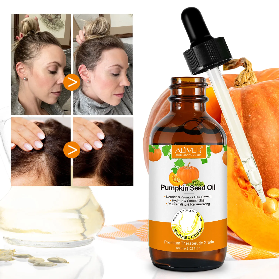 ALIVER Pumpkin Seed Oil 60ml – 100% Pure Organic Cold Pressed Oil for Hair Growth, Dry & Damaged Hair, Eyebrows, Eyelashes, Scalp, Face, Nails & Body Care