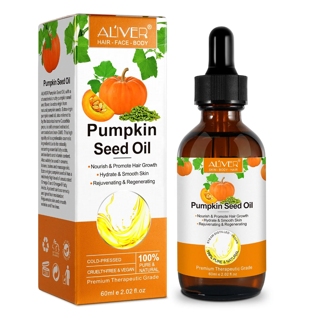 ALIVER Pumpkin Seed Oil 60ml – 100% Pure Organic Cold Pressed Oil for Hair Growth, Dry & Damaged Hair, Eyebrows, Eyelashes, Scalp, Face, Nails & Body Care
