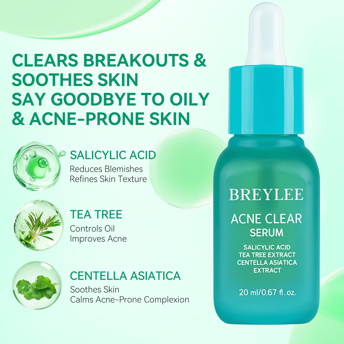 Tea Tree Acne Treatment Serum, Salicylic Acid & Centella Asiatica Serum for Severe Acne, Breakouts, Pimple Remover,Skin Repair (20ml,0.67oz)