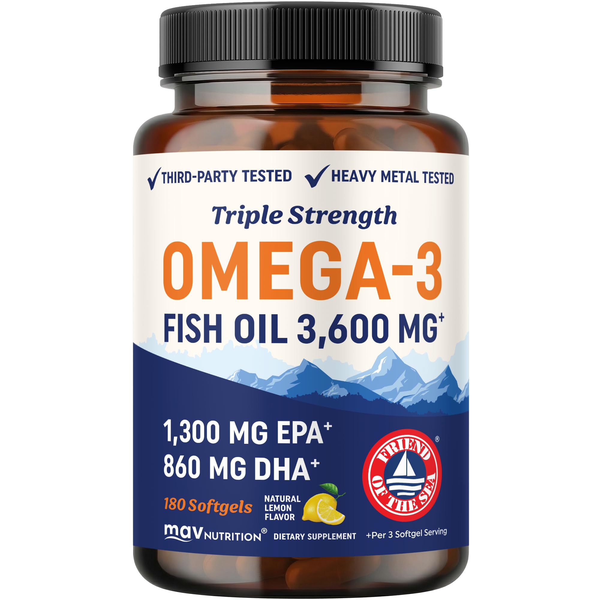 MAV NUTRITION Triple Strength Omega 3 Fish Oil 3600 mg, EPA & DHA, Over 2100mg Omega-3