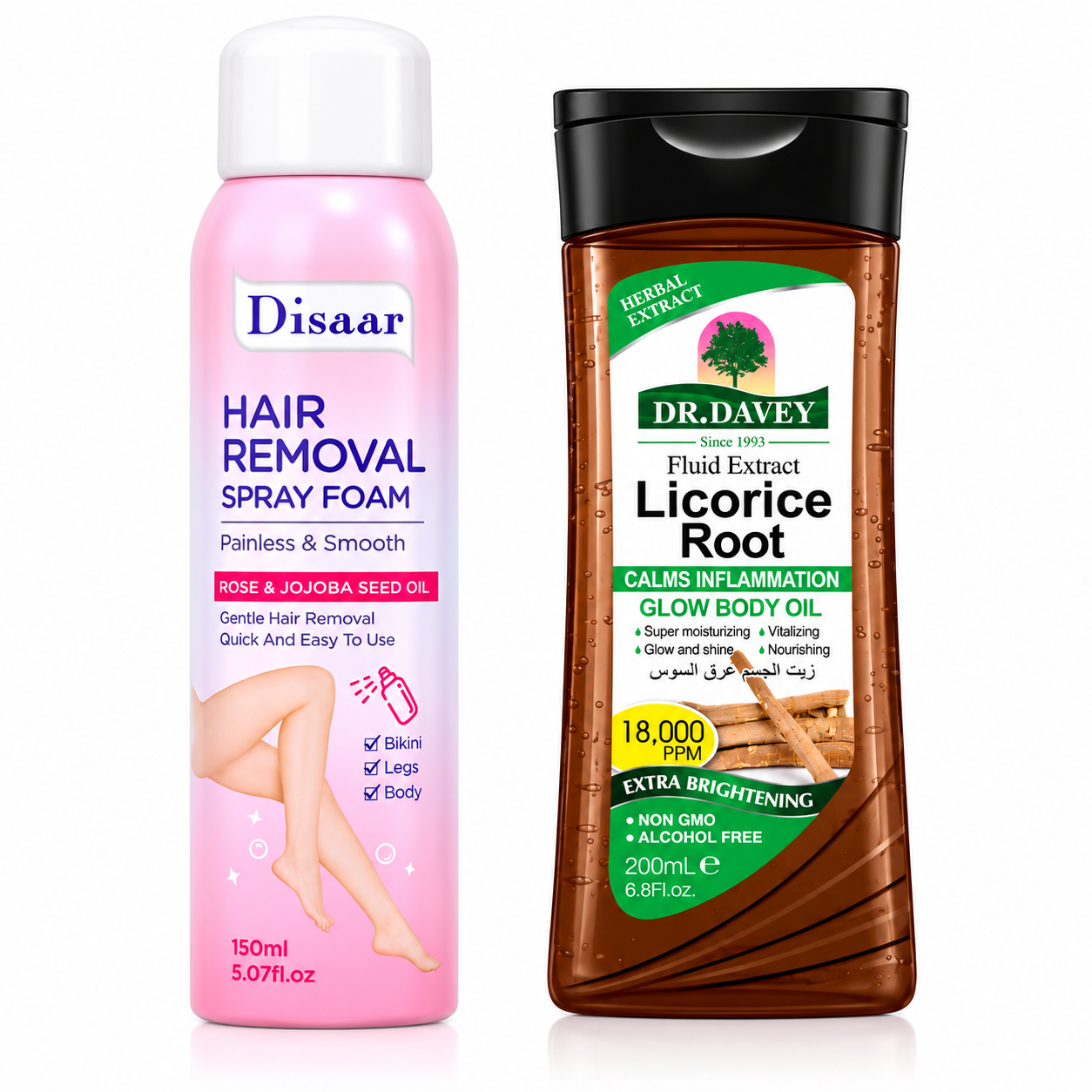 Disaar Hair Removal Spray Foam 150ml & Dr. Davey Licorice Root Glow Body Oil 200ml – Hair Removal and Skin Brightening Combo