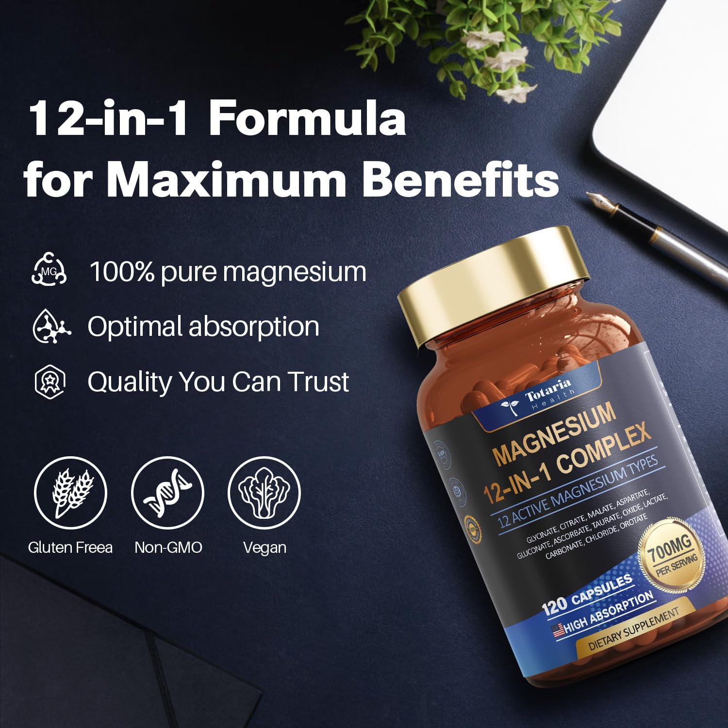 Totaria Health Magnesium 12-in-1 Complex 700mg, 120 Capsules – High Absorption Magnesium Supplement