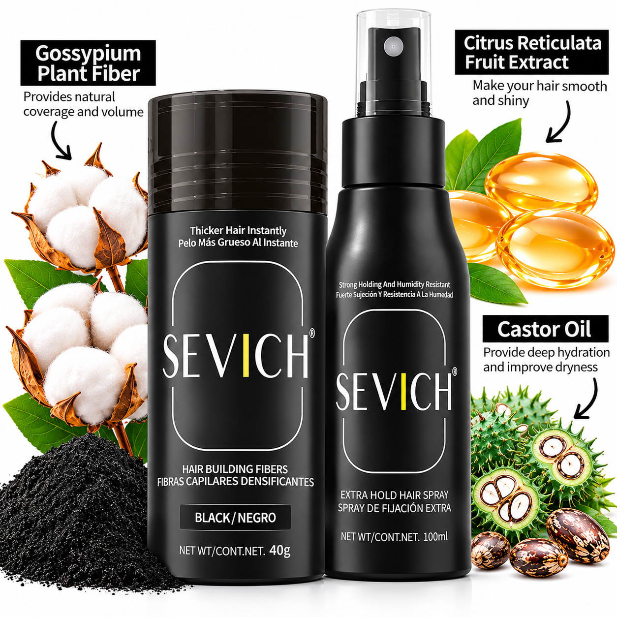 SEVICH Hair Building Fibers & Extra Hold Hair Spray Set – Black Hair Thickening Powder, 40g + 100ml