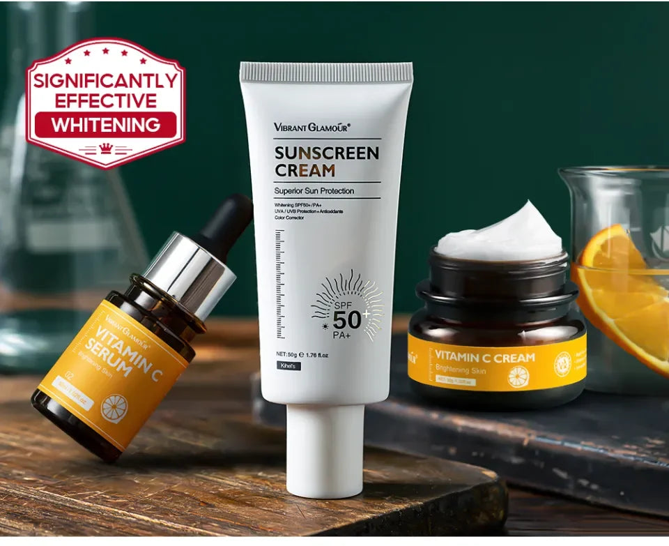 Vitamin C Skincare Set - Serum, Cream & SPF50+ Sunscreen - 3 Piece Combo